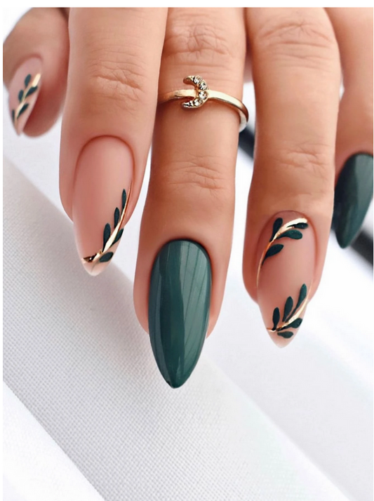 24pcs Long Almond Green Leaves Pattern Fake Nail & 1sheet Tape & 1pc Nail File